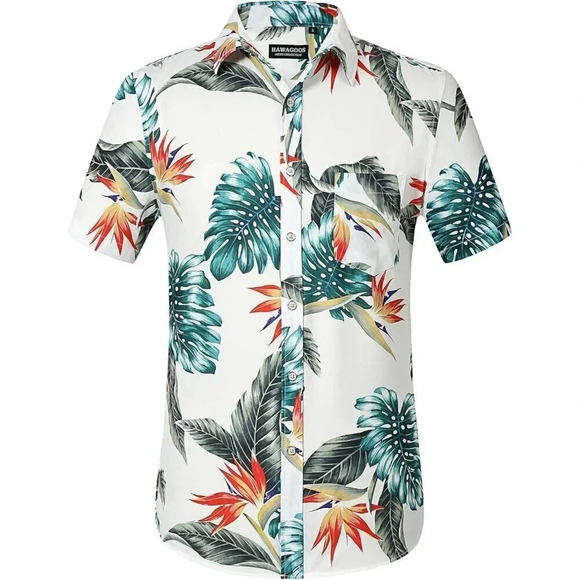 ❤️Men White Short Sleeve Button Down Casual Beach  Tropical Holiday Shirts - Picture 2 of 7